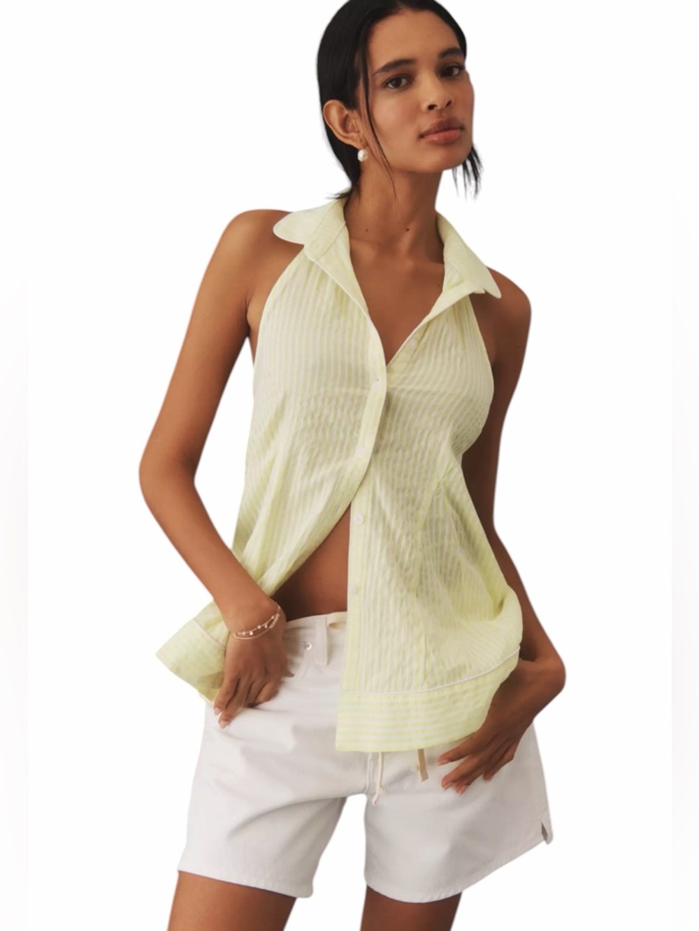 ANTHROPOLOGIE BUTTON UP HALTER SWING BLOUSE.